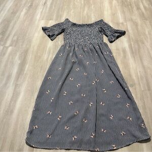 Lots of Love Blue Floral Striped Smocked Stretch Dress Sz S